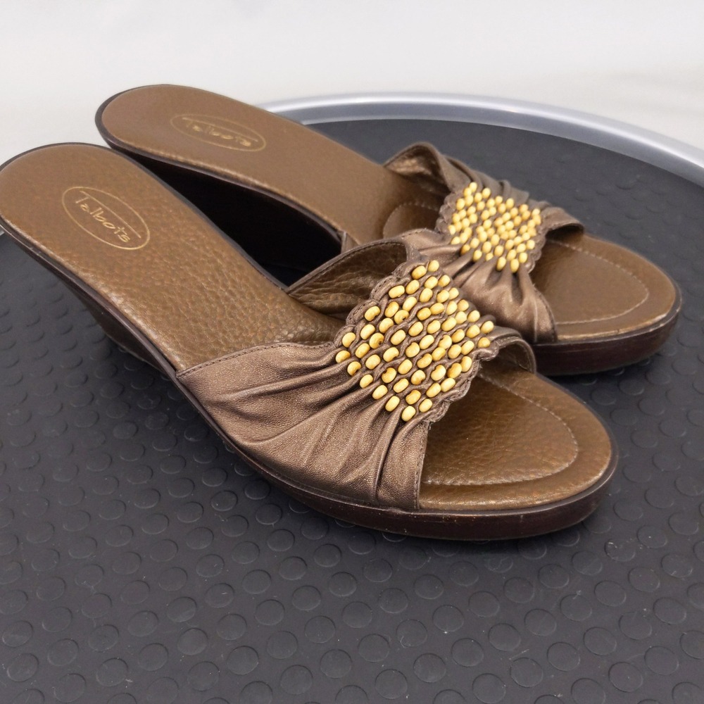 Talbots Wedge Sandals Womens 8.5 Bronze Leather Beaded Ruched Slide Heels
